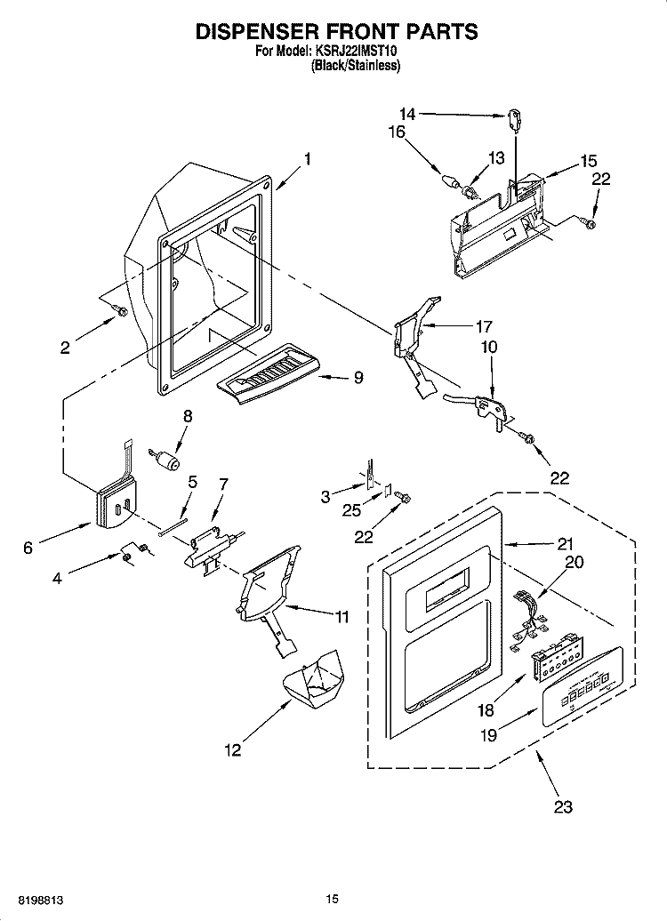 DISPENSER FRONT PARTS Diagram and Parts List for KSRJ22IMST10  KitchenAid Refrigerator