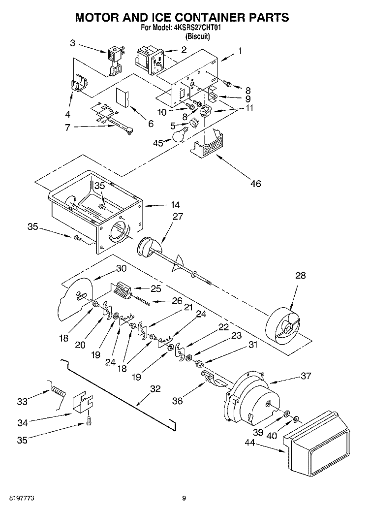 MOTOR AND ICE CONTAINER Diagram and Parts List for 4KSRS27CHT01  KitchenAid Refrigerator