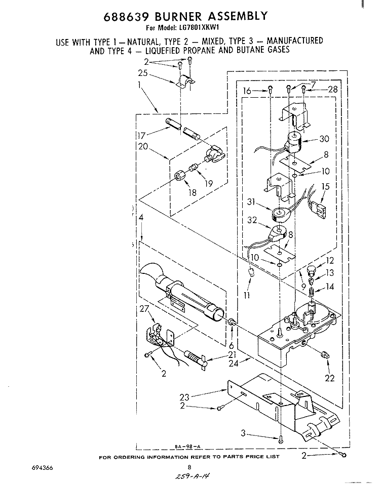 688639 BURNER Diagram and Parts List for LG7801XKW1  Whirlpool Dryer