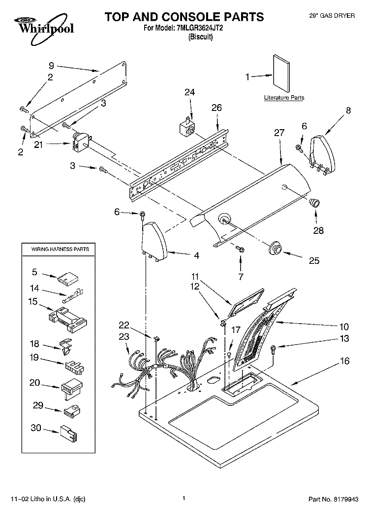 TOP AND CONSOLE, LITERATURE Diagram and Parts List for 7MLGR3624JT2  Whirlpool Dryer