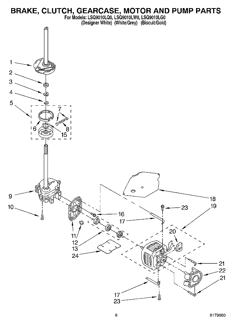 BRAKE, CLUTCH, GEARCASE, MOTOR & PUMP Diagram and Parts List for LSQ9010LW0  Whirlpool Washer