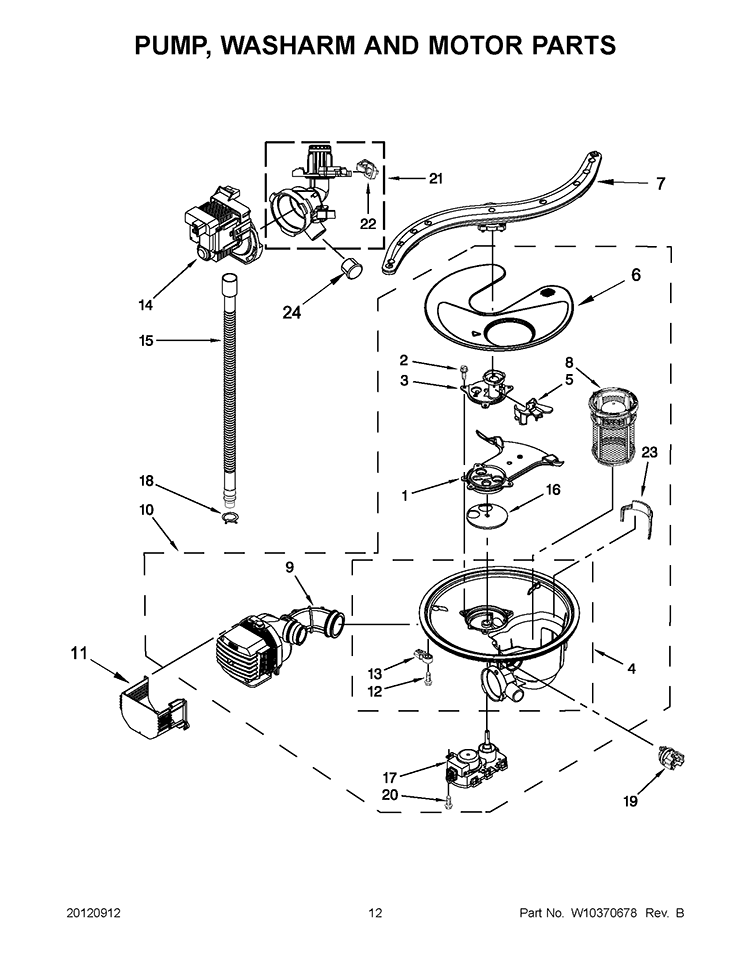 PUMP, WASHARM AND MOTOR PARTS Diagram and Parts List for KUDE70FXPA0  KitchenAid Dishwasher