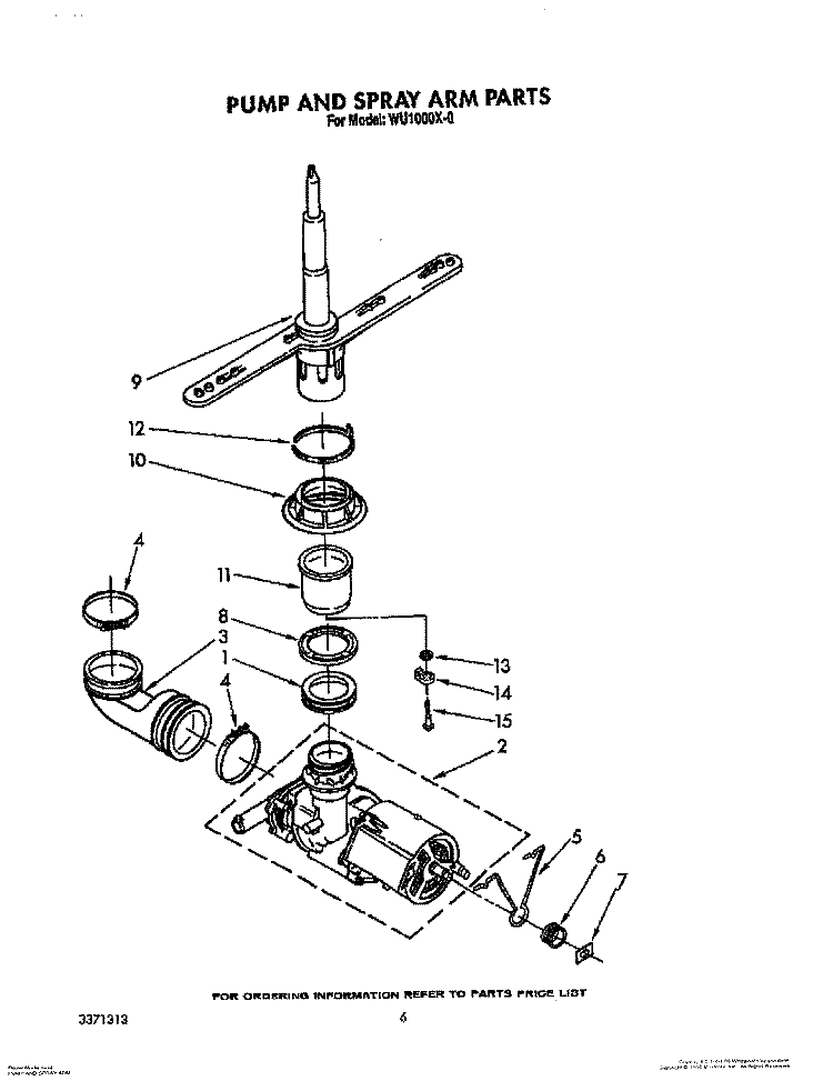PUMP AND SPRAY ARM Diagram and Parts List for WU1000X0  Roper Dishwasher