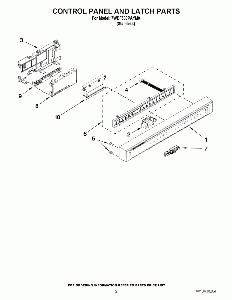 CONTROL PANEL AND LATCH PARTS Diagram and Parts List for 7WDF530PAYM0  Whirlpool Dishwasher
