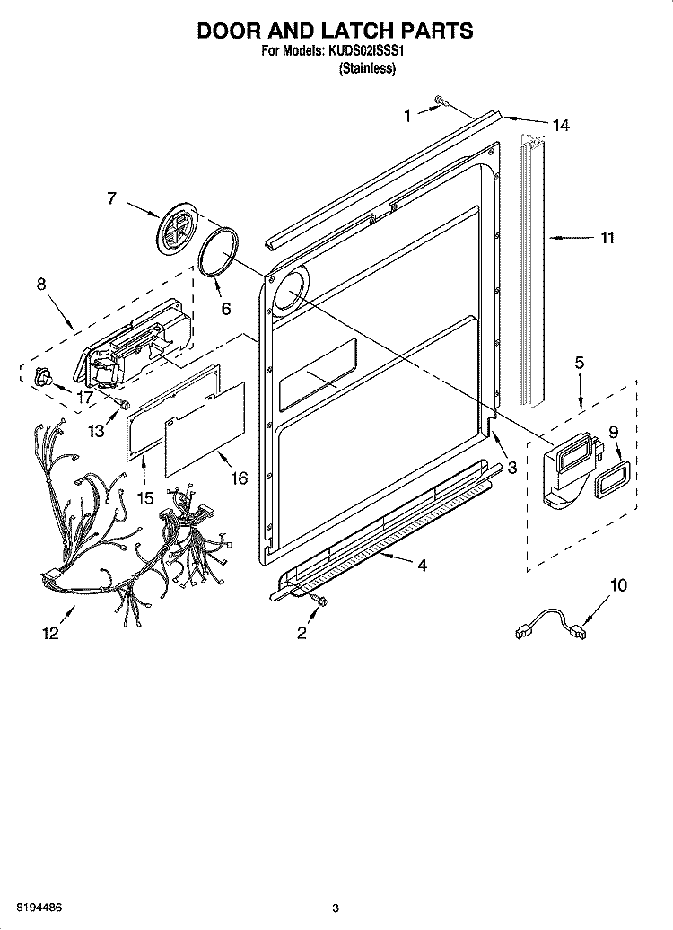 DOOR AND LATCH PARTS Diagram and Parts List for KUDS02ISSS1  KitchenAid Dishwasher