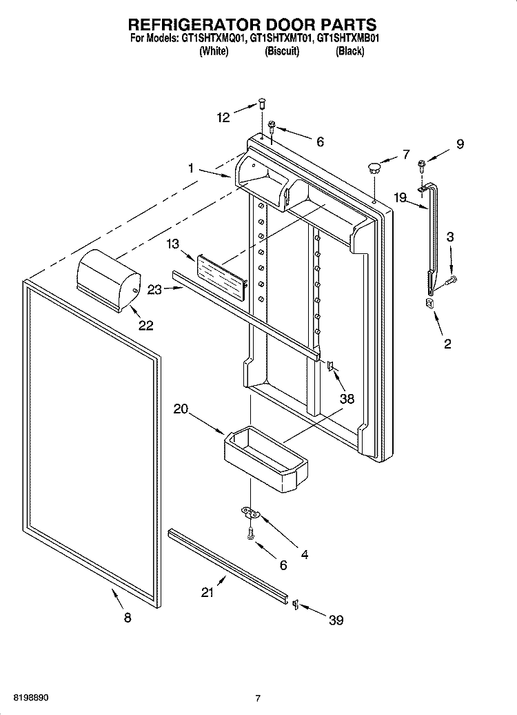 REFRIGERATOR DOOR PARTS Diagram and Parts List for GT1SHTXMT01  Whirlpool Refrigerator