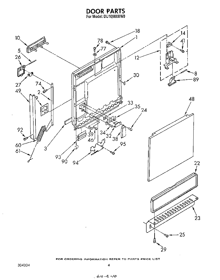 DOOR Diagram and Parts List for DU1098XRW0  Whirlpool Dishwasher