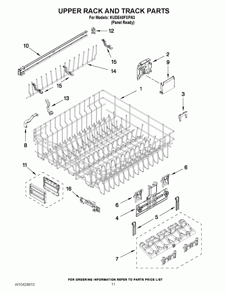 UPPER RACK AND TRACK PARTS Diagram and Parts List for KUDE40FXPA3  KitchenAid Dishwasher