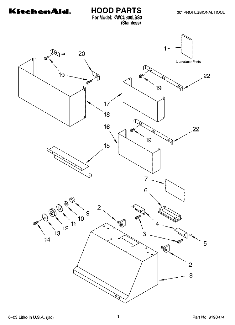 HOOD PARTS Diagram and Parts List for KWCU300LSS0  KitchenAid Range Hood