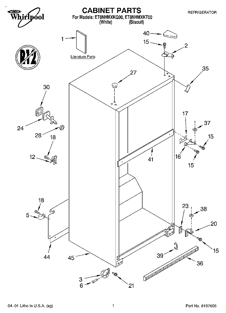 CABINET, LITERATURE Diagram and Parts List for ET8NHMXKT00  Whirlpool Refrigerator