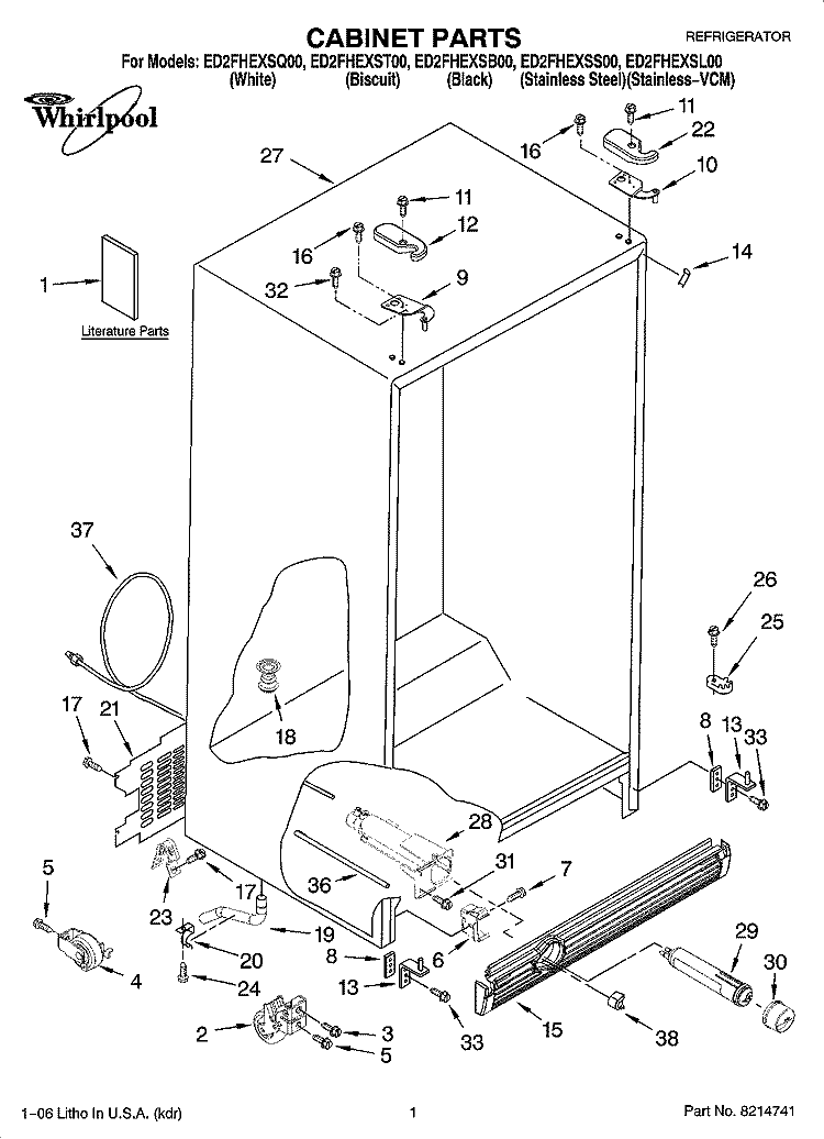 CABINET PARTS Diagram and Parts List for ED2FHEXSL00  Whirlpool Refrigerator