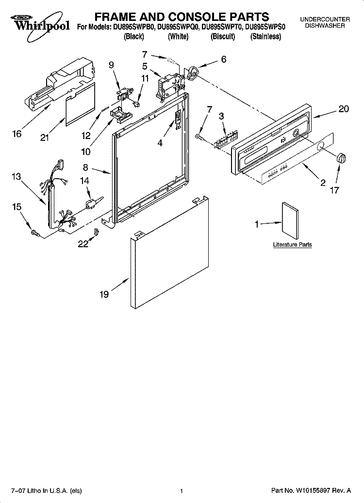 FRAME AND CONSOLE PARTS Diagram and Parts List for DU895SWPQ0  Whirlpool Dishwasher