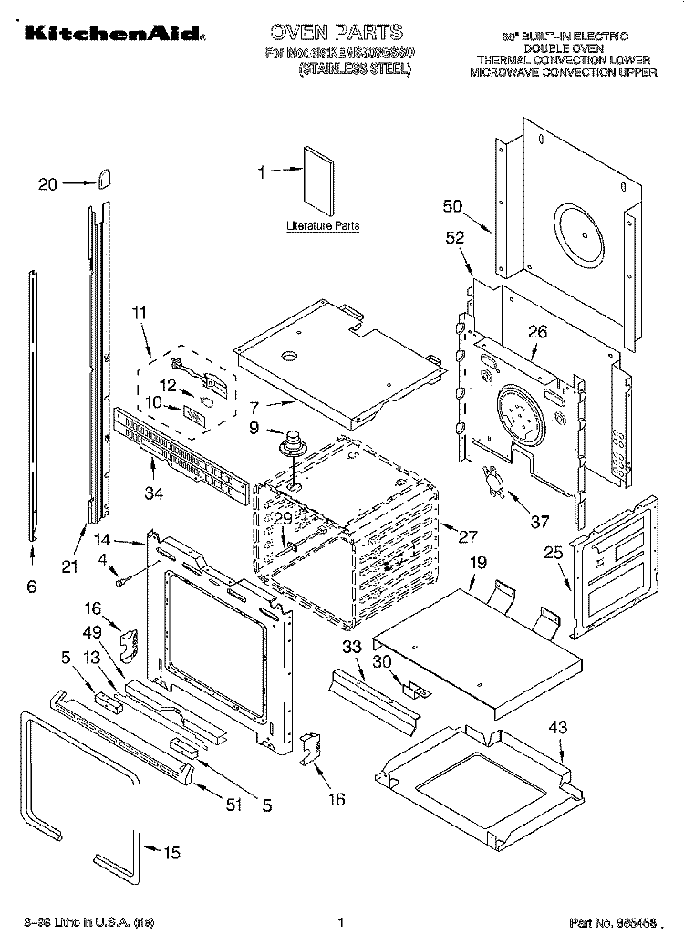 OVEN, LITERATURE Diagram and Parts List for KEMS308GSS0  KitchenAid Microwave Oven Combo