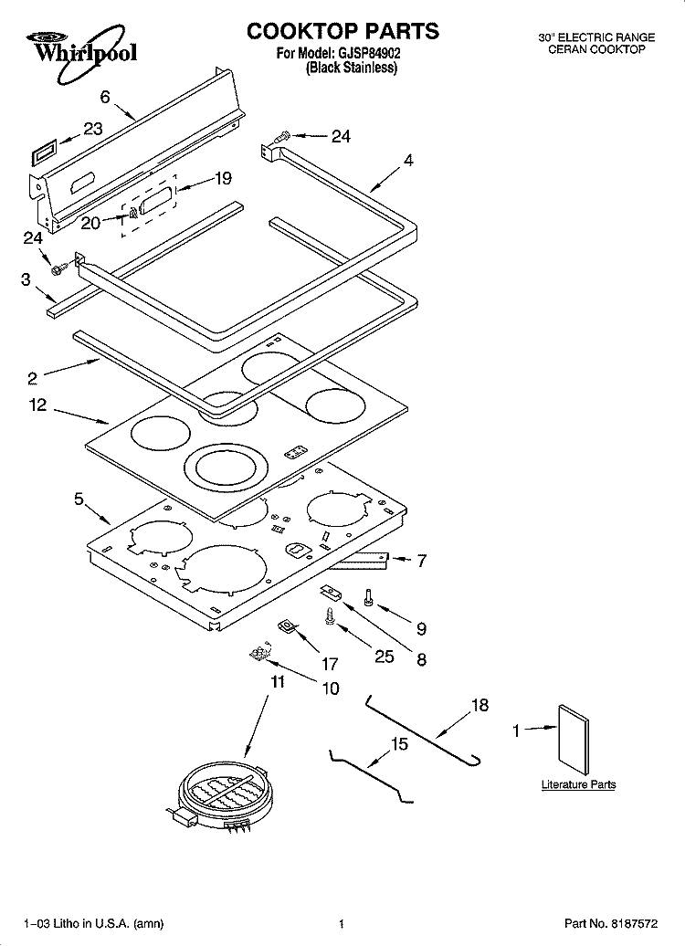 COOKTOP PARTS Diagram and Parts List for GJSP84902  Whirlpool Range