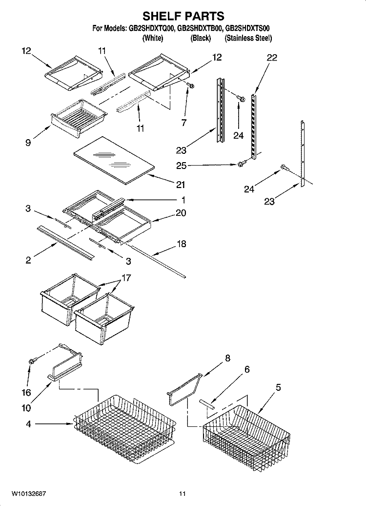SHELF PARTS Diagram and Parts List for GB2SHDXTQ00  Whirlpool Refrigerator