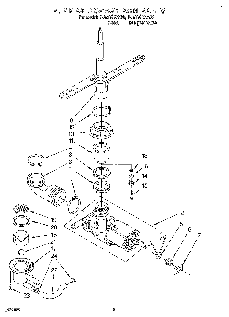 PUMP AND SPRAYARM Diagram and Parts List for DU800CWDB5  Whirlpool Dishwasher
