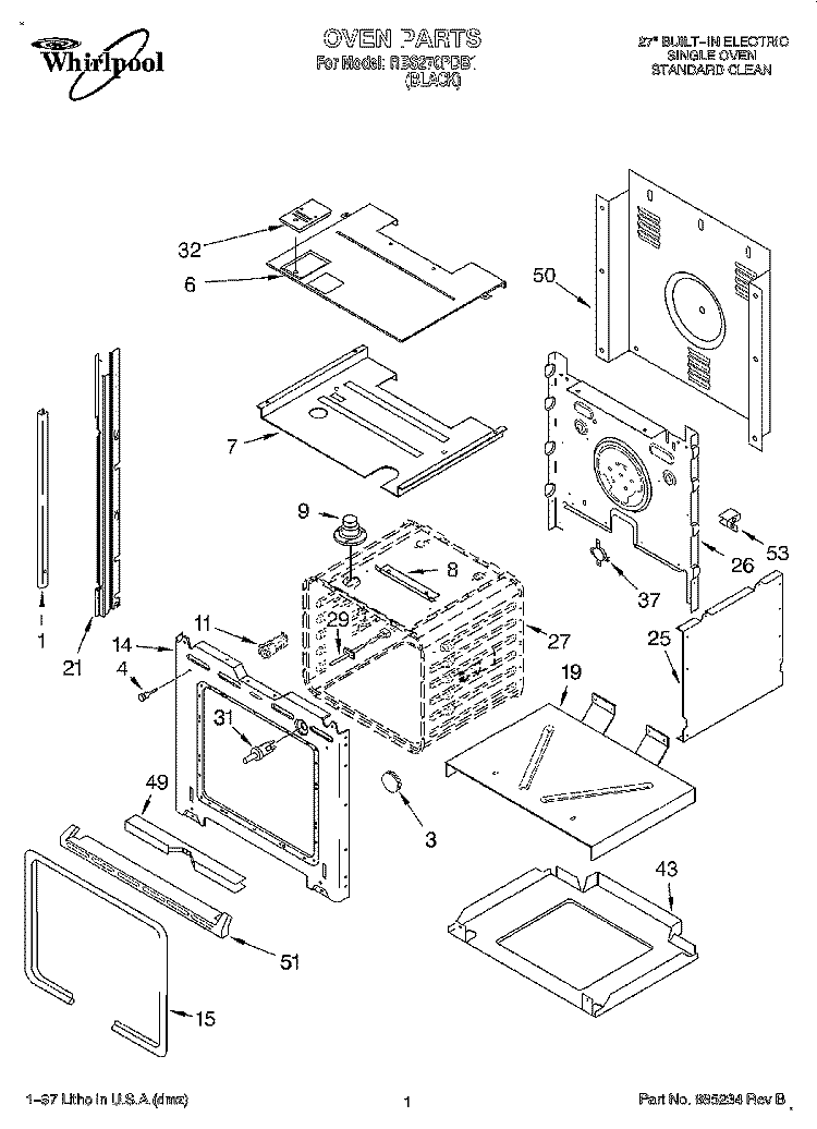 OVEN Diagram and Parts List for RBS270PDB1  Whirlpool Wall Oven