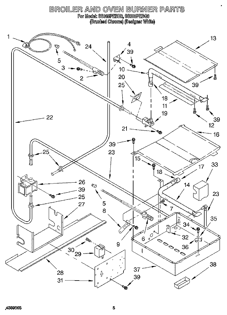 BROILER AND OVEN BURNER Diagram and Parts List for SS385PEBQ0  Whirlpool Range