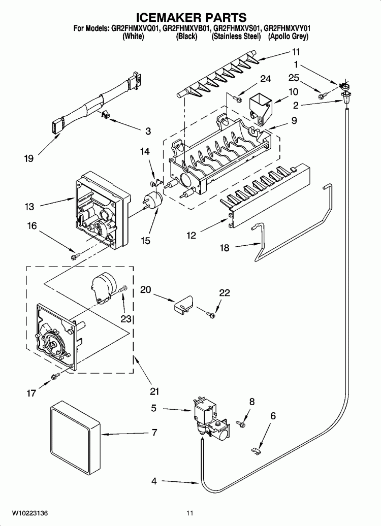 ICEMAKER PARTS Diagram and Parts List for GR2FHMXVB01  Whirlpool Refrigerator