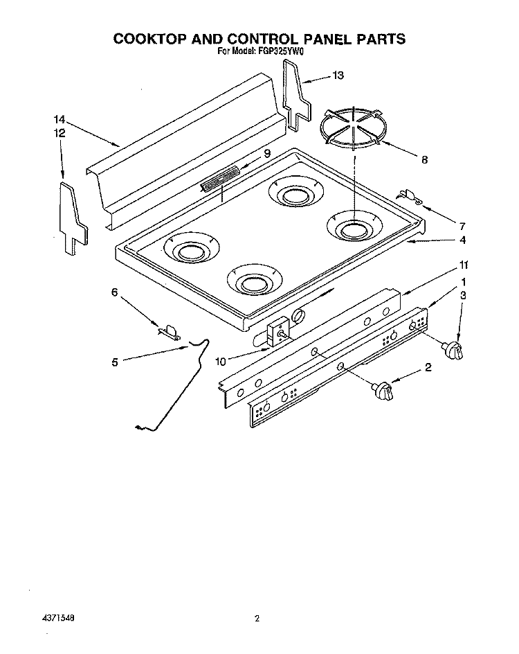 COOKTOP AND CONTROL PANEL, LIT/OPTI Diagram and Parts List for FGP325YL0  Roper Range