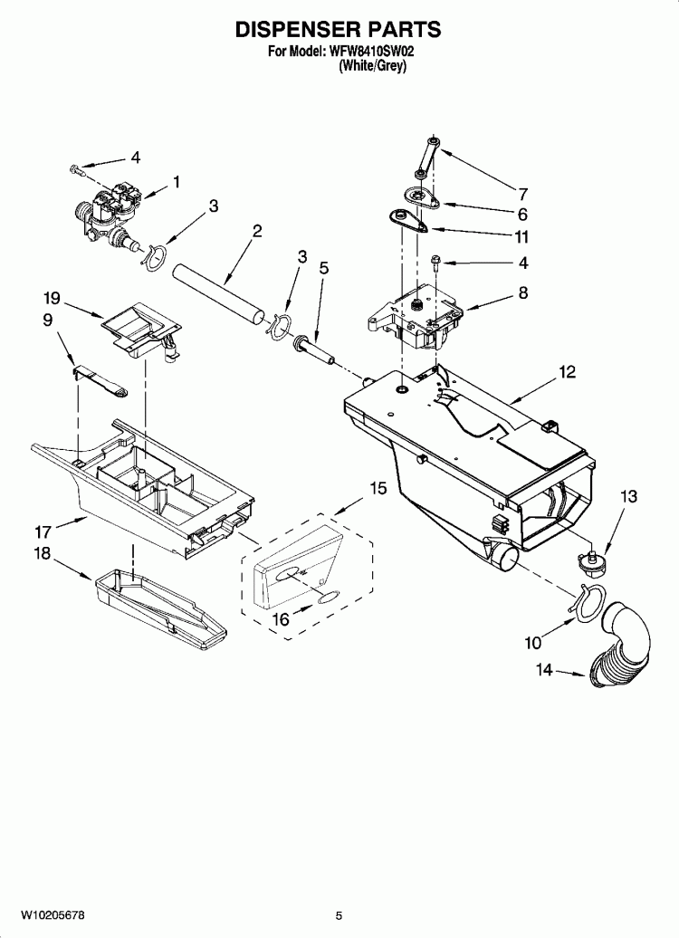 DISPENSER PARTS Diagram and Parts List for WFW8410SW02  Whirlpool Washer