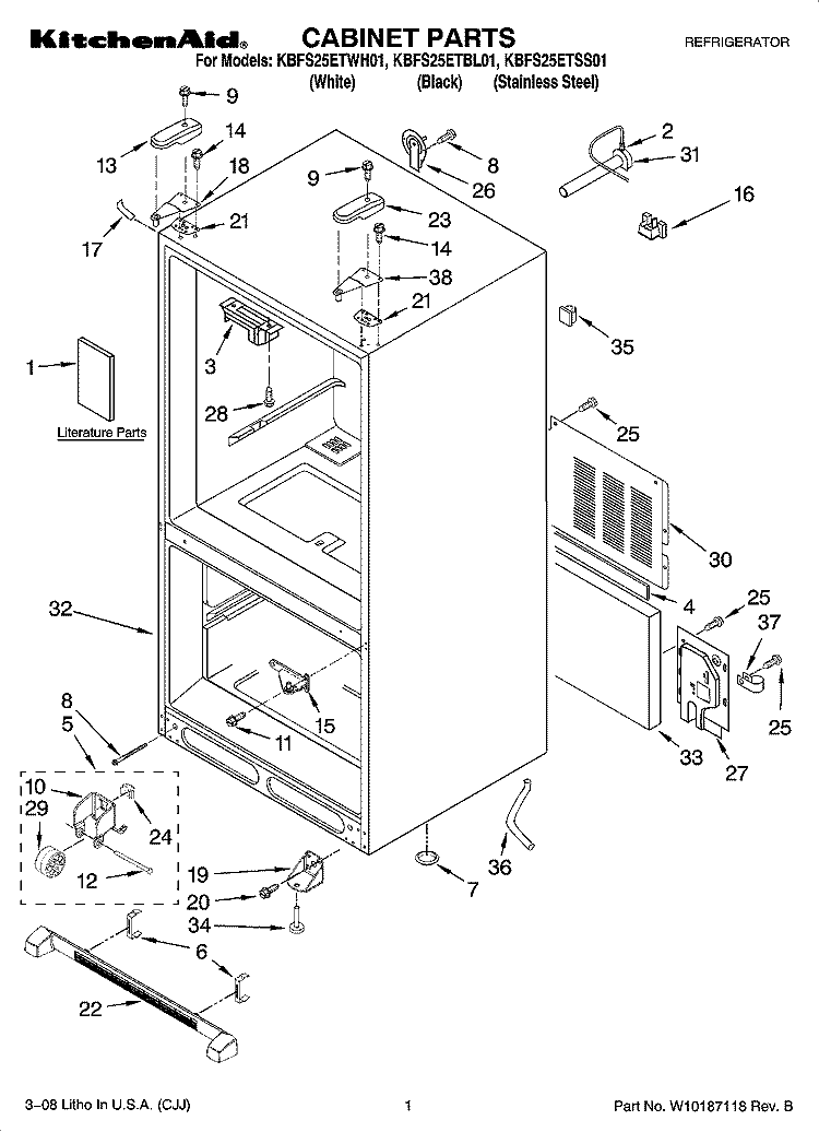 CABINET PARTS Diagram and Parts List for KBFS25ETSS01  KitchenAid Refrigerator