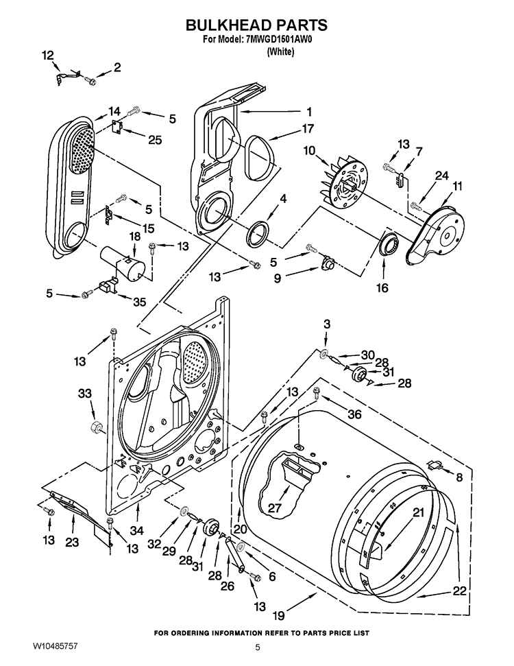 BULKHEAD PARTS Diagram and Parts List for 7MWGD1501AW0  Whirlpool Dryer