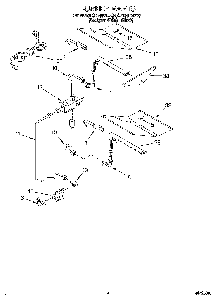 BURNER Diagram and Parts List for SB160PEDQ0  Whirlpool Wall Oven
