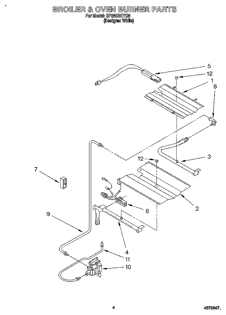 BROILER & OVEN BURNER Diagram and Parts List for SF365BEYQ5  Whirlpool Range