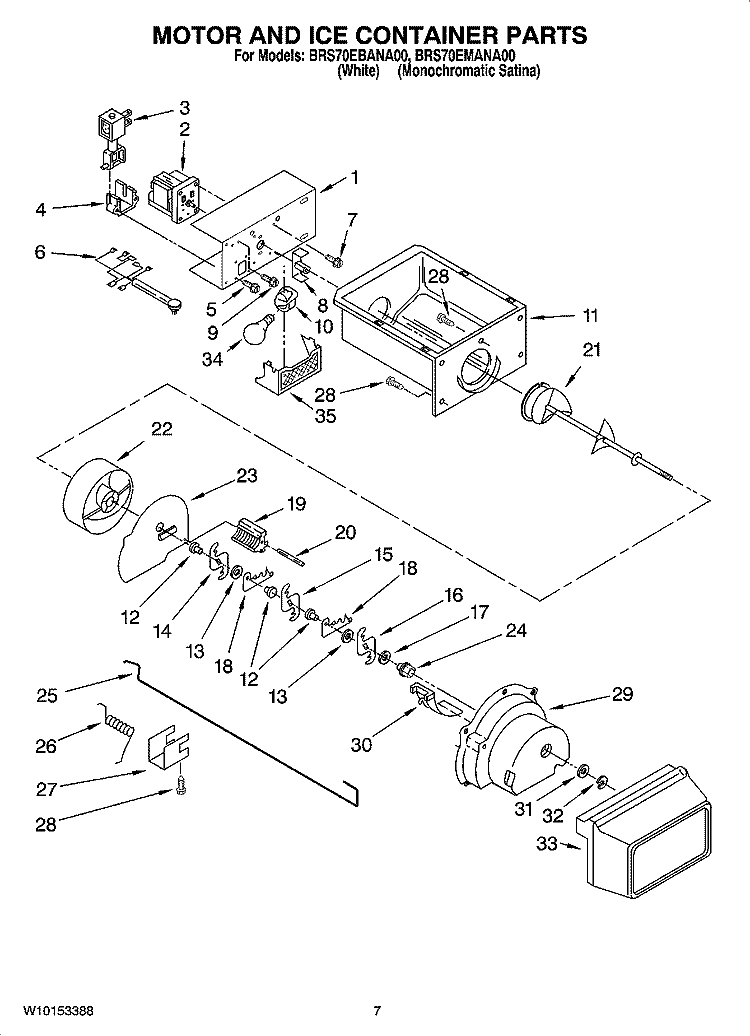MOTOR AND ICE CONTAINER PARTS Diagram and Parts List for BRS70EMANA00  Whirlpool Refrigerator