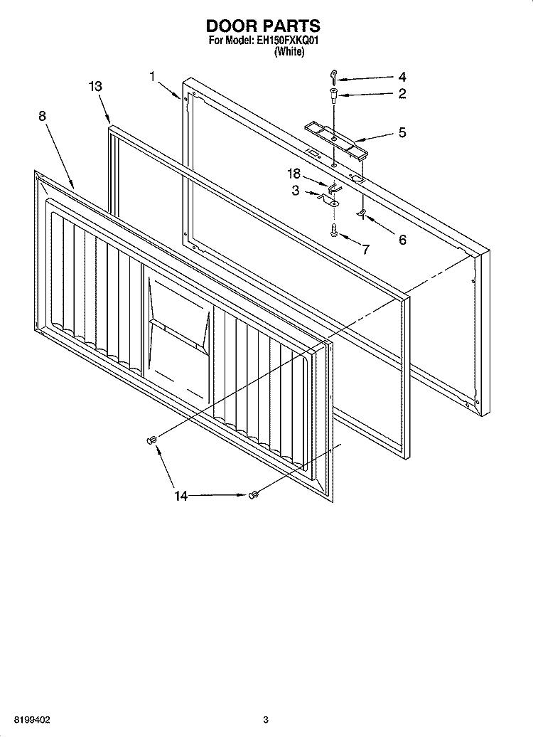 DOOR PARTS Diagram and Parts List for EH150FXKQ01  Whirlpool Freezer