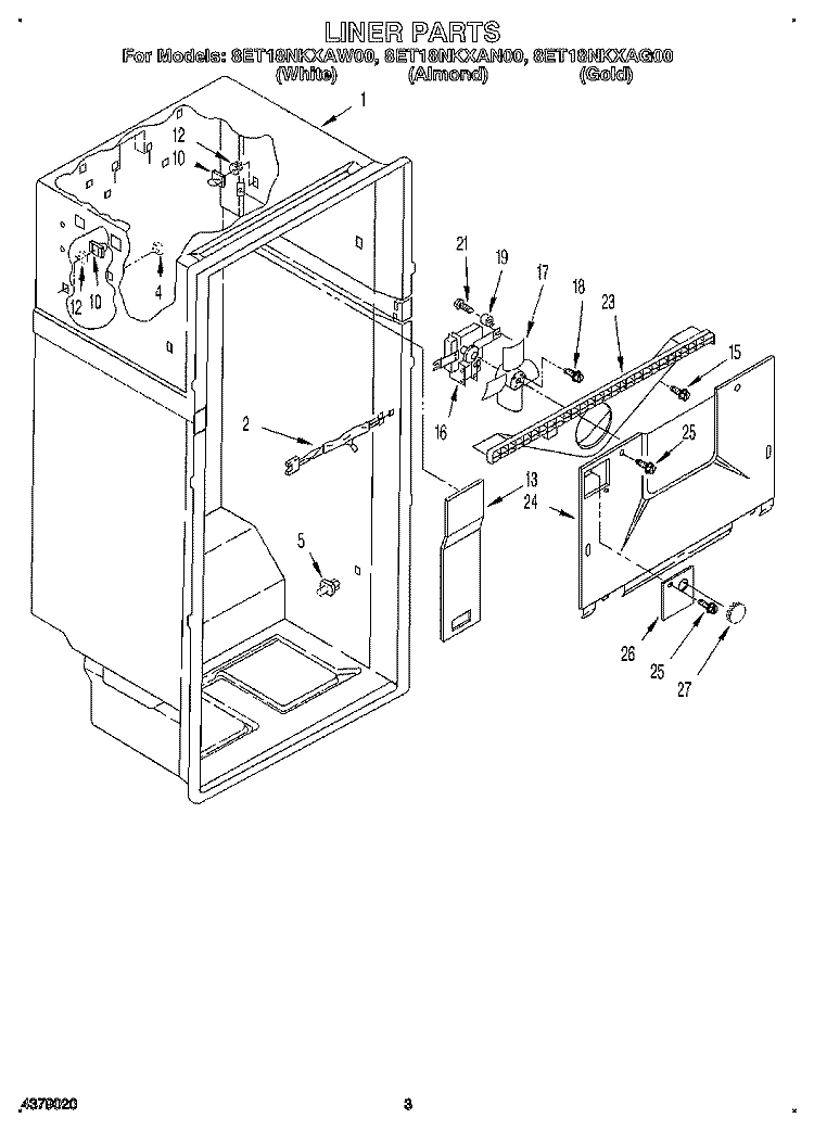 LINER Diagram and Parts List for 8ET18NKXAN00  Whirlpool Refrigerator