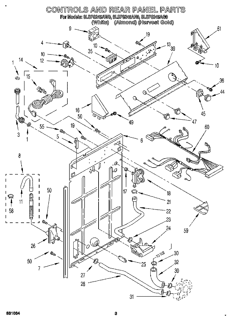 CONTROLS AND REAR PANEL Diagram and Parts List for 8LSP8245AG0  Whirlpool Washer