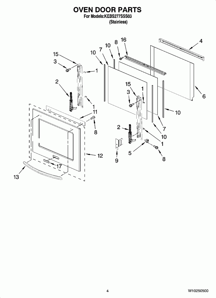 OVEN DOOR PARTS Diagram and Parts List for KEBS277SSS03  KitchenAid Wall Oven