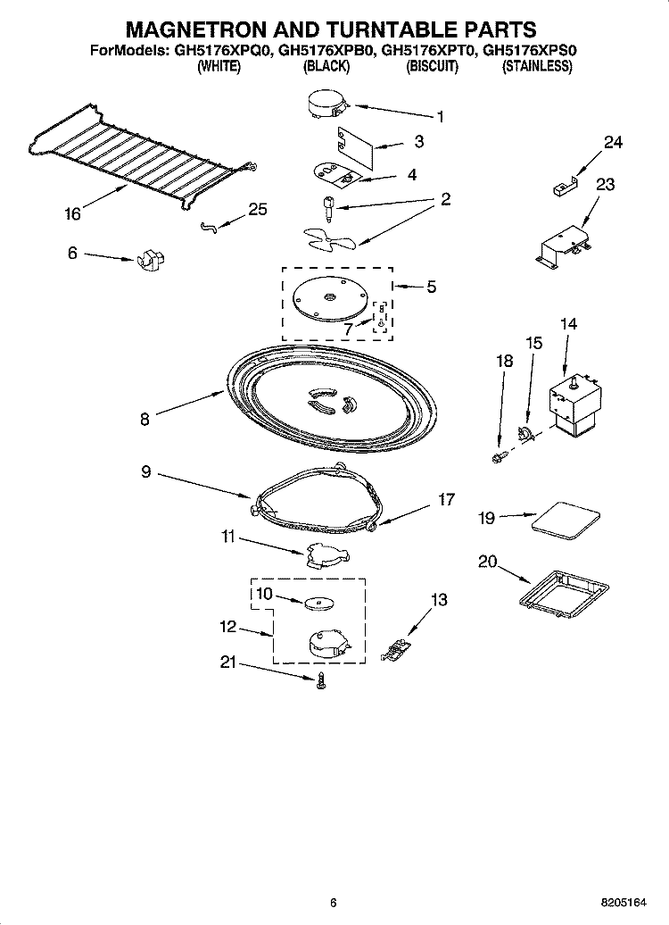 MAGNETRON AND TURNTABLE PARTS Diagram and Parts List for GH5176XPS0  Whirlpool Microwave