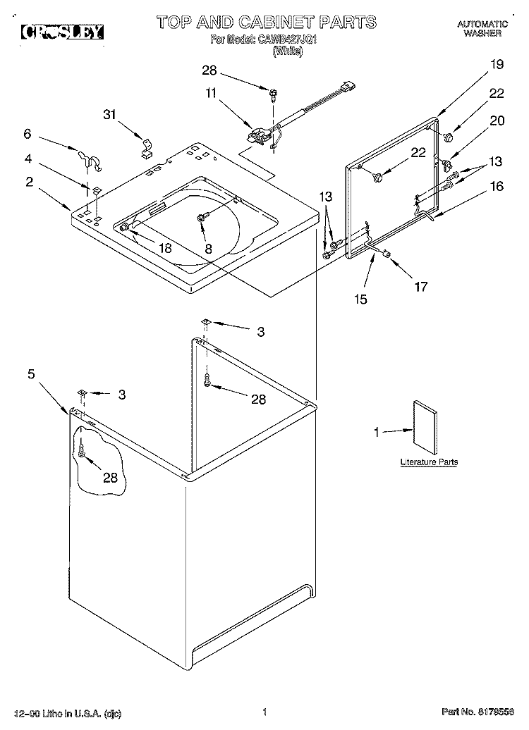 TOP AND CABINET, LITERATURE Diagram and Parts List for CAWB427JQ1  Crosley Washer