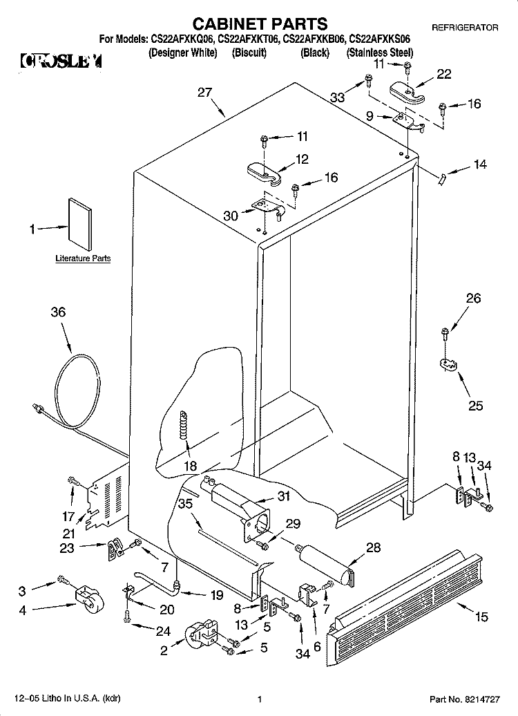 CABINET PARTS Diagram and Parts List for CS22AFXKS06  Crosley Refrigerator