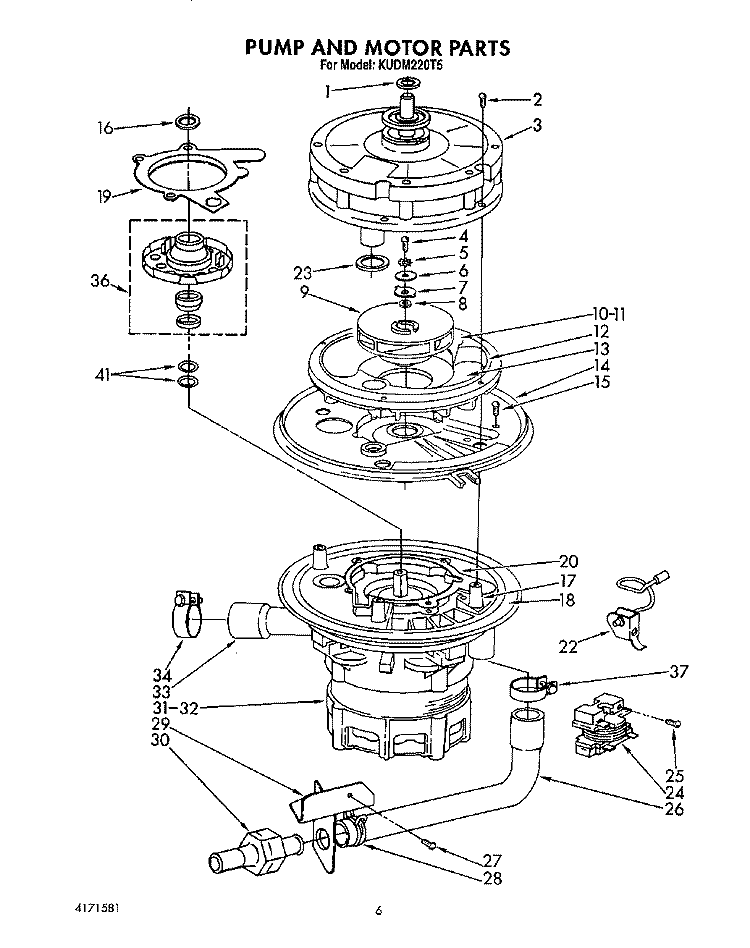 PUMP AND MOTOR Diagram and Parts List for KUDM220T5  KitchenAid Dishwasher