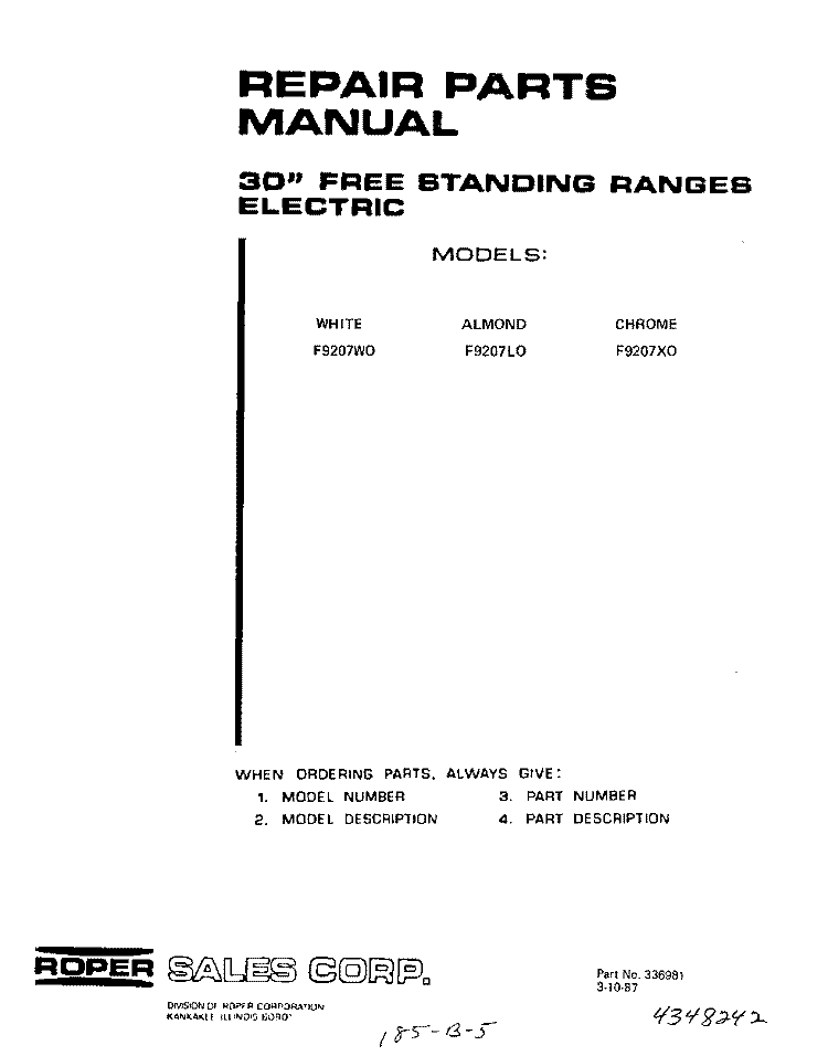 BACKGUARD , LIT/OPTIONAL Diagram and Parts List for F9207W0  Roper Range
