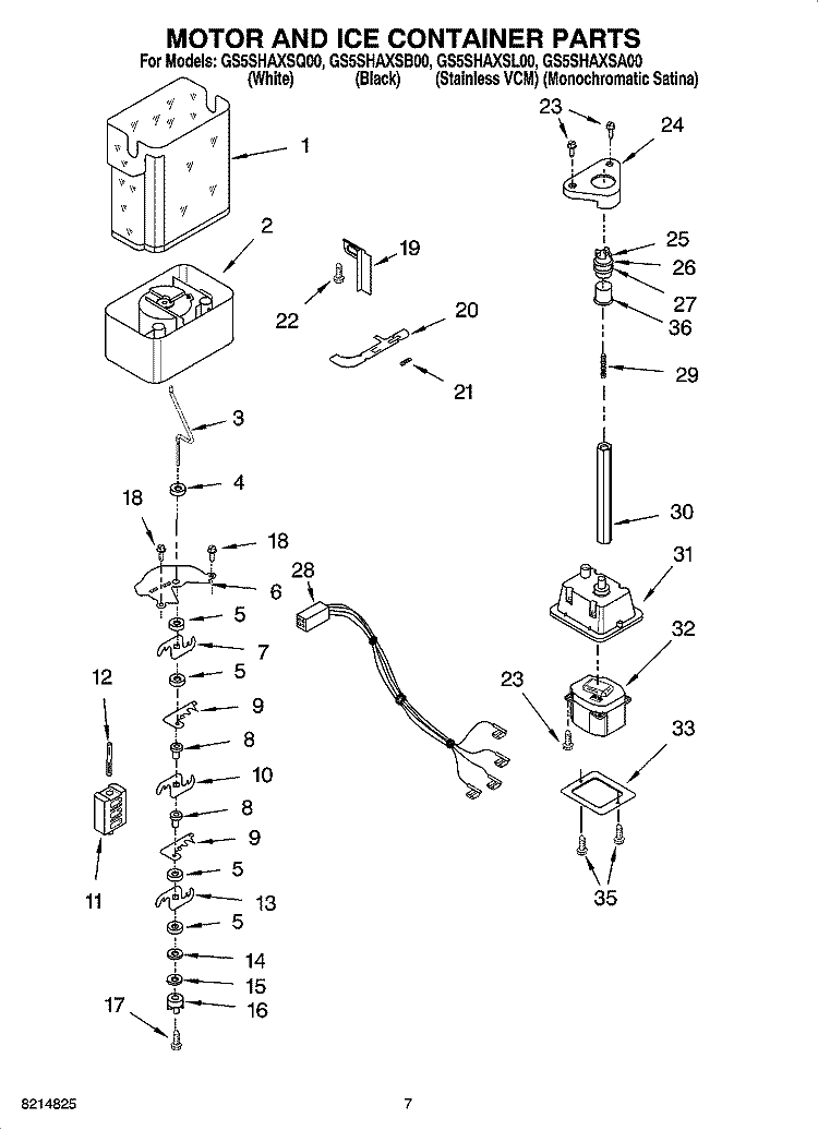 MOTOR AND ICE CONTAINER PARTS Diagram and Parts List for GS5SHAXSA00  Whirlpool Refrigerator