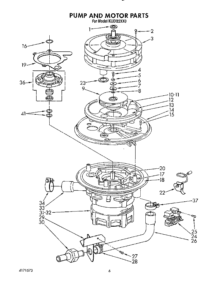 PUMP AND MOTOR Diagram and Parts List for KUDI22XX0  KitchenAid Dishwasher