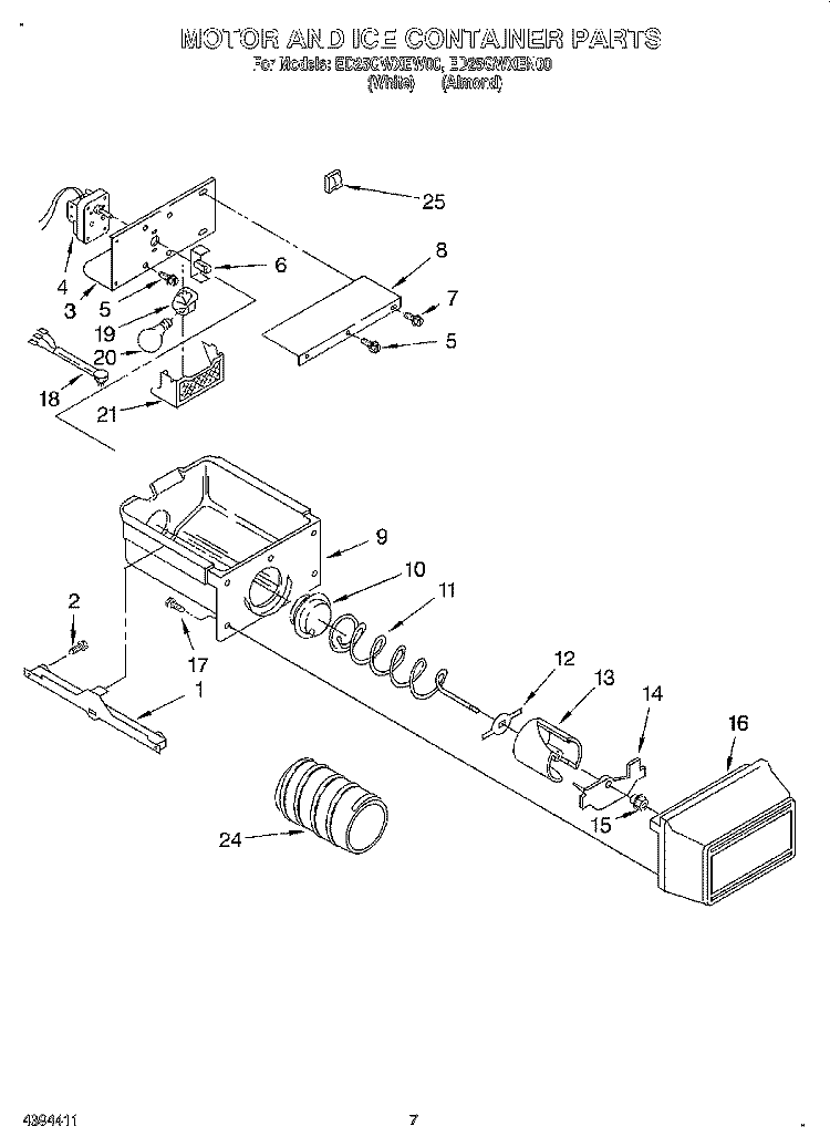 MOTOR AND ICE CONTAINER Diagram and Parts List for ED25GWXEW00  Whirlpool Refrigerator