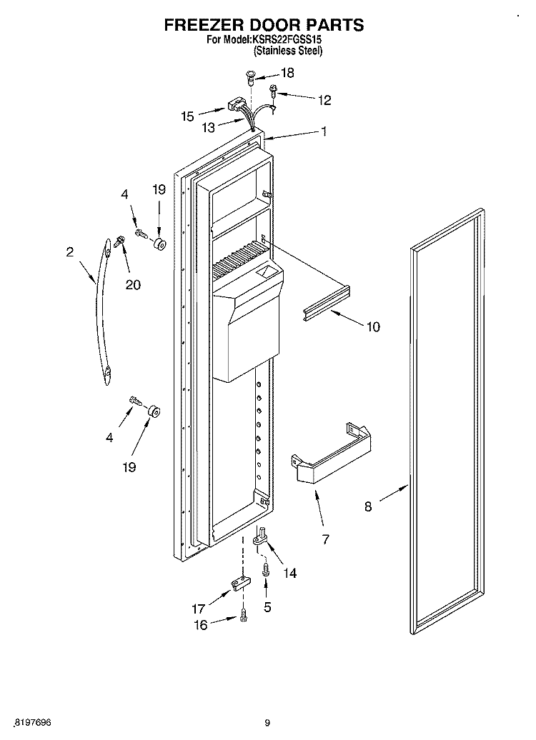 FREEZER DOOR Diagram and Parts List for KSRS22FGSS15  KitchenAid Refrigerator