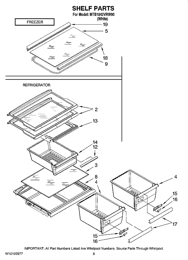 SHELF PARTS, OPTIONAL PARTS (NOT INCLUDED) Diagram and Parts List for MTB1842VRW00  Whirlpool Refrigerator