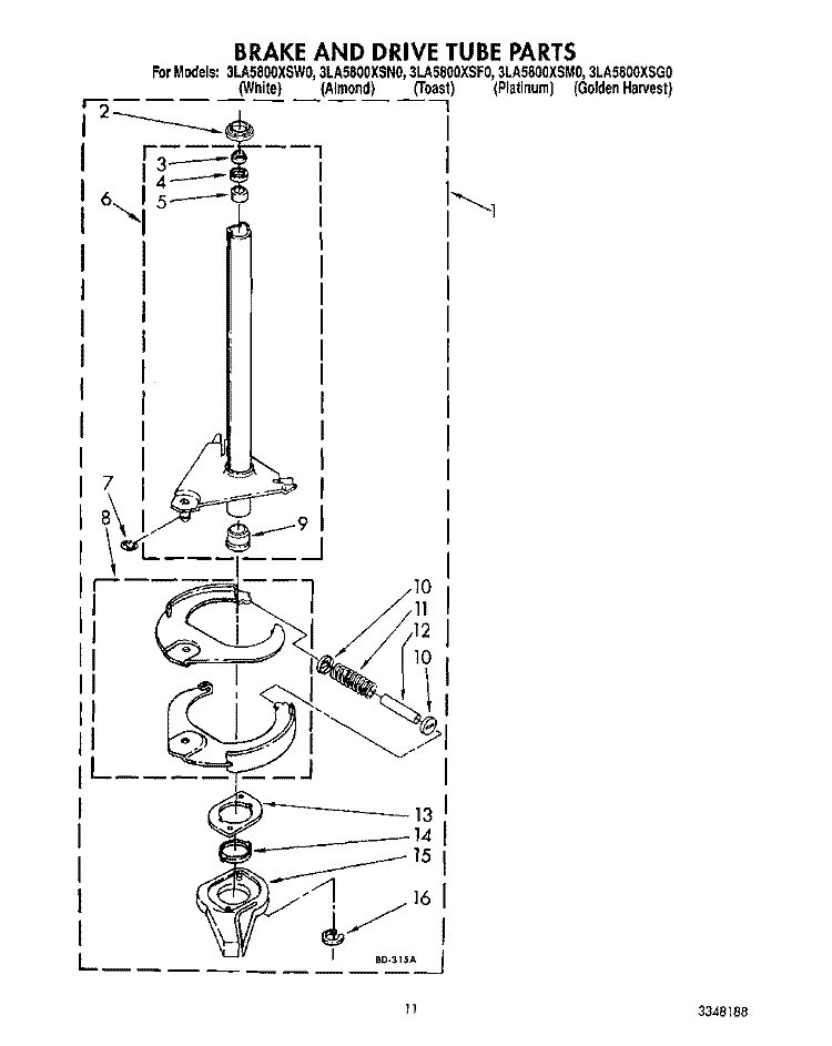 BRAKE AND DRIVE TUBE Diagram and Parts List for 3LA5800XSW0  Whirlpool Washer