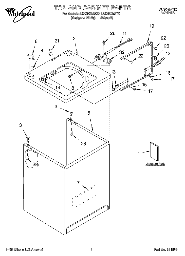 TOP AND CABINET, LITERATURE Diagram and Parts List for LSQ9665JQ0  Whirlpool Washer