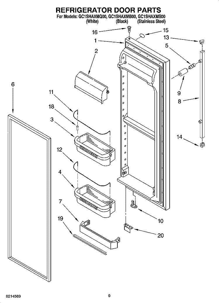 REFRIGERATOR DOOR PARTS Diagram and Parts List for GC1SHAXMB00  Whirlpool Refrigerator