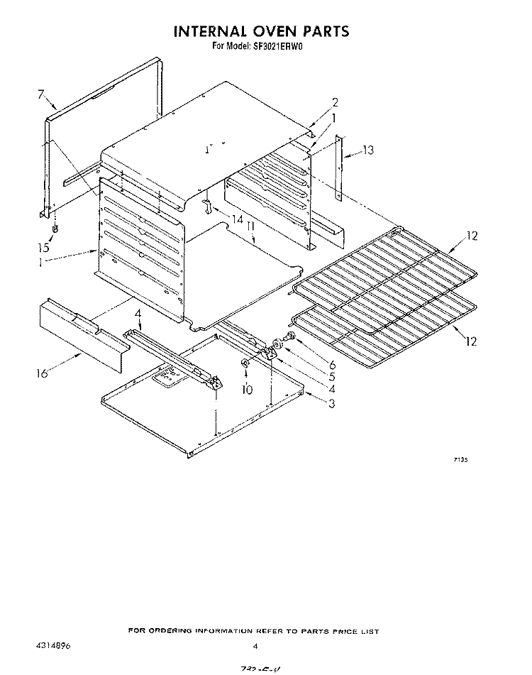INTERNAL OVEN Diagram and Parts List for SF3021ERW0  Whirlpool Range