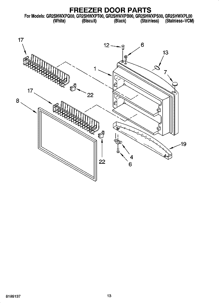 FREEZER DOOR PARTS Diagram and Parts List for GR2SHWXPT00  Whirlpool Refrigerator