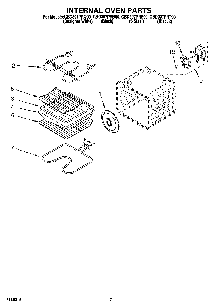 INTERNAL OVEN PARTS Diagram and Parts List for GBD307PRS00  Whirlpool Wall Oven